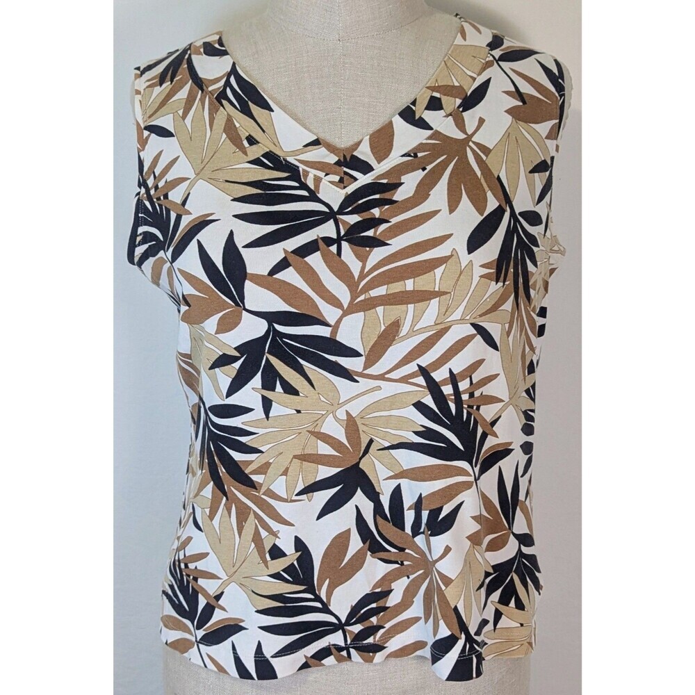 White Stag Tropical Palm Leaf V-Neck Tank Top XL 16/18 White Brown Cotton